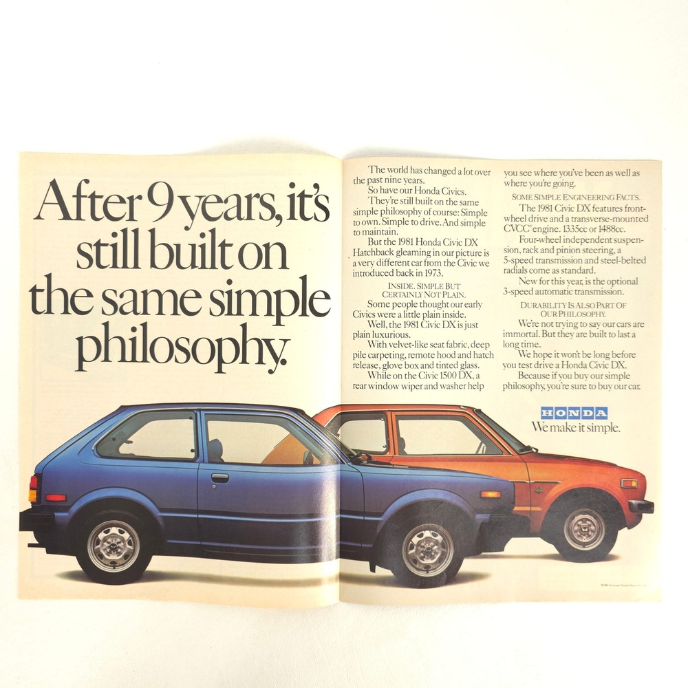 1981 Honda Civic DX Hatchback Print Ad Vintage Japanese Car Garage Wall Decor